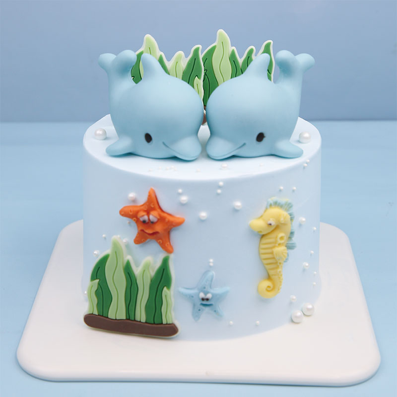 蓝色海豚海洋世界鱼巧克力蛋糕装饰摆件立体生日配件男孩儿童食用