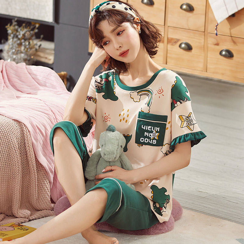 52睡衣女夏季短袖七分裤套装纯棉休闲卡通少女薄款家居服可外穿宽