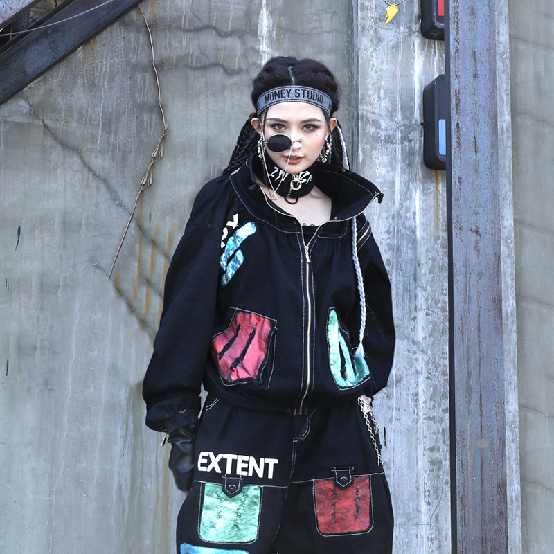 暗黑系街头潮连帽卫衣女2020春季牛仔外套街头潮牌帅气长袖上衣酷