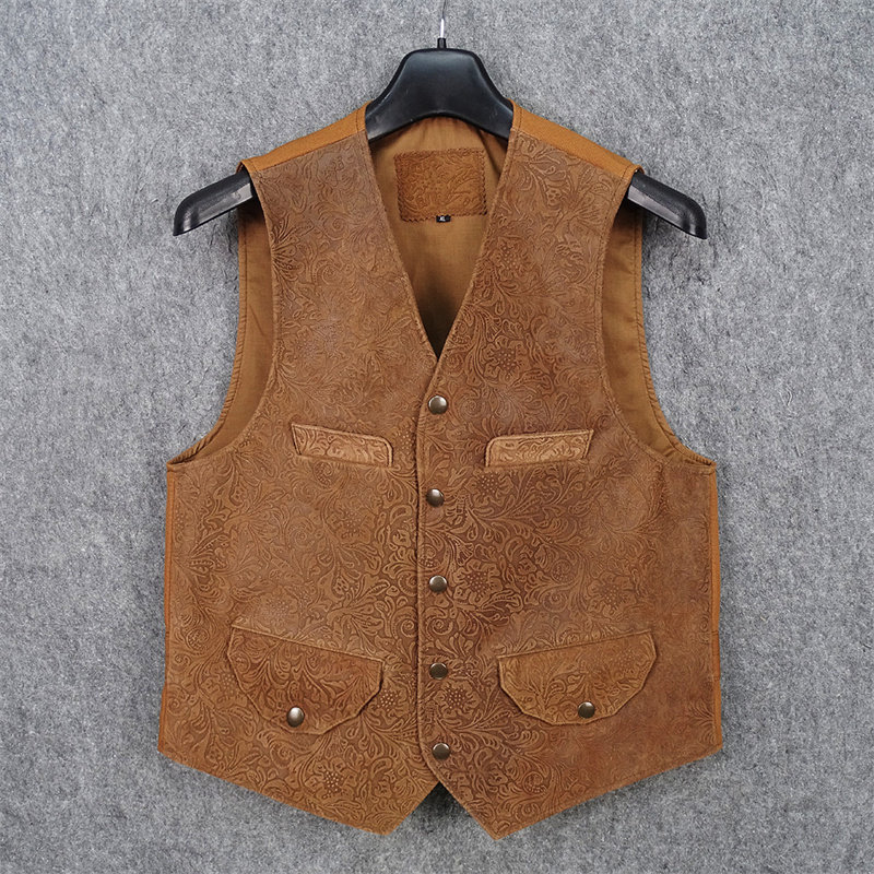 唐草雕花头层牛皮真皮皮衣马甲百搭修身显瘦时尚烟草色男士夏秋款