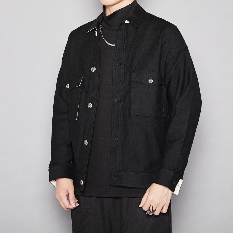 秋冬日系款 港风男装时尚修身黑色夹克外套情侣短款英伦剪裁外套