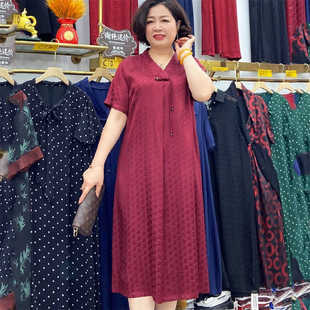 重磅高端宽松连衣裙铜氨丝夏新中式中年女装大码短袖真丝妈妈裙子