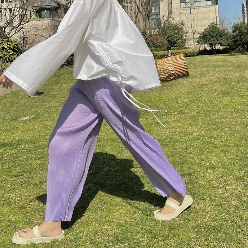 紫色裤子直筒褶皱裤冰丝九分裤夏女凉
