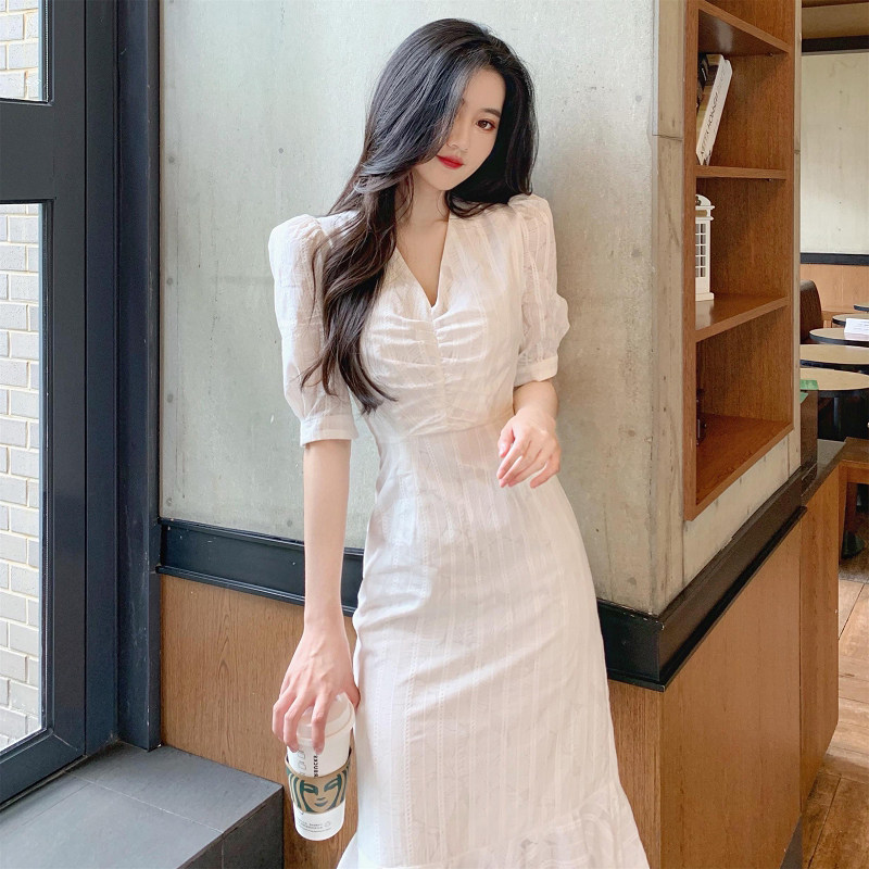 mzomzo 夏季超仙女白色鱼尾连衣裙气质显瘦裙子森系法式过膝长裙