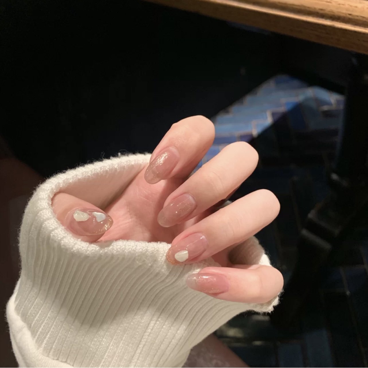 nz手工定制甲片可拆卸穿戴假指甲冰透裸粉色清新法式水晶细闪美甲