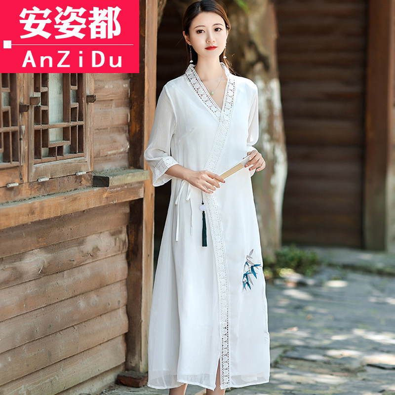 中国风女装复古禅意茶服女夏季仙气素雅长裙改良版汉服交领连衣裙