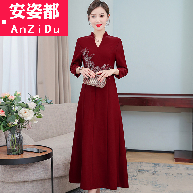 婚礼妈妈礼服春装喜婆婆婚宴装中国风连衣裙女中长款长袖气质裙子
