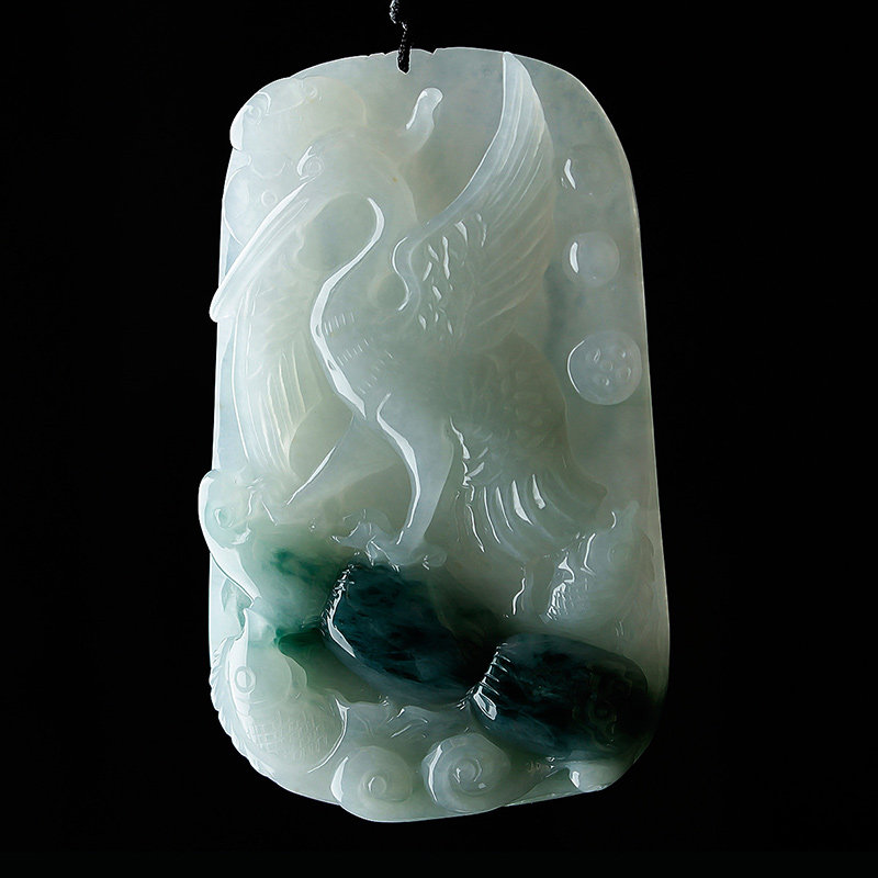 冰糥种翡翠松鹤延年吊坠 天然a货双彩玉石精工仙鹤祝寿玉坠巧色