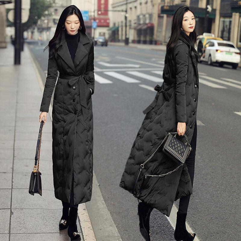 新款时尚棉衣女中长款系带收腰显瘦棉袄 超长过膝西装领棉服外套