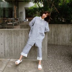 韩国秋冬条纹衬衣家居服套装代购女中长睡衣棉麻翻领开衫居家服