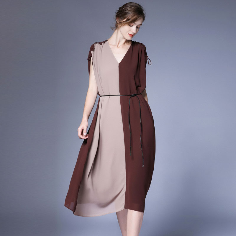 咫尺2021夏装新款 v领拼色雪纺连衣裙女装欧美中长裙连袖气质裙子