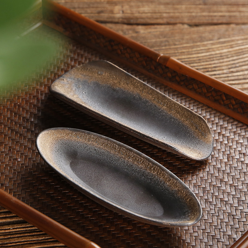 粗陶鎏金茶则茶拨手工茶荷功夫茶具日式复古禅意配件陶瓷茶铲茶匙