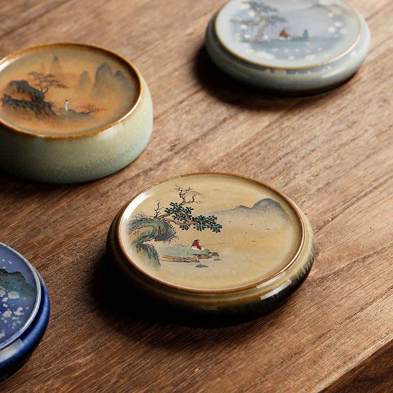 景德镇盖置手绘柴烧窑变壶盖托紫砂壶日本铜茶壶茶置搁置盖托摆件