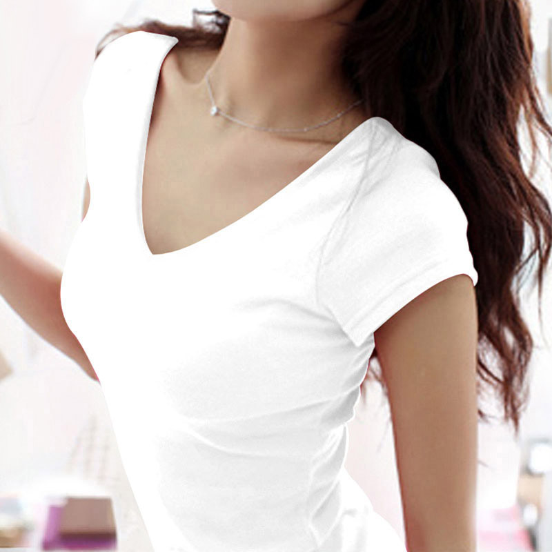 new pattern Pure white T-shirt Short sleeved summer pure cotton Show thin Base coat Korean Edition T-shirt Self cultivation Tight fitting Solid V-neckin the Women's clothing/Boutique , T-shirt category - from Buy2taobao.com to provide professional Taobao agent buy service