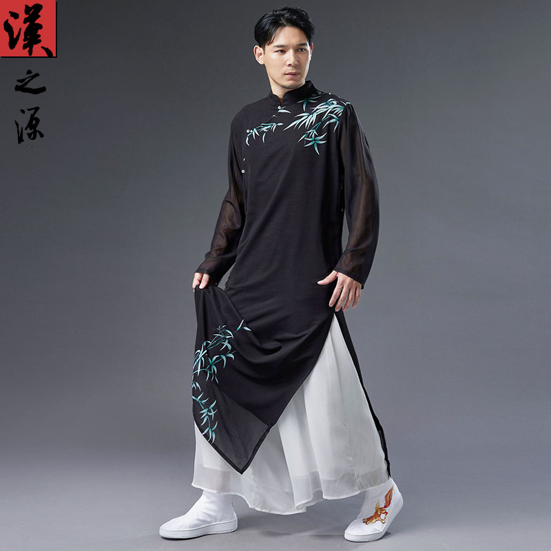 夏季中国风男士汉服薄款印花长衫斜襟长袍古风汉韵中式改良上衣