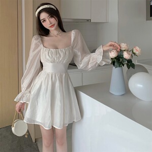 Square neck high waist thin bubble long sleeve lace up dress