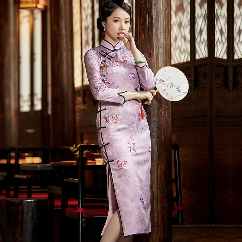 玺玥2021年早春新款中国风新宋锦50姆米长款旗袍连衣裙宴会礼服女