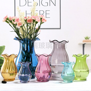欧式简约荷叶边彩色玻璃花瓶客厅水养透明插花瓶大号波浪口工艺品