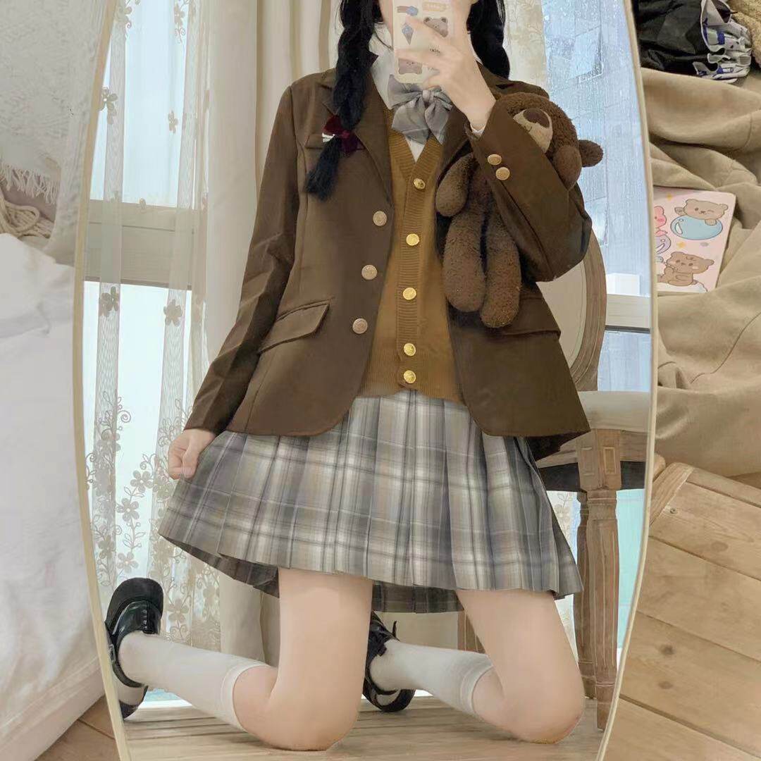 圣卡特茶西装西茶色外套jk制服正统女款棕色马甲学院风秋冬季背心