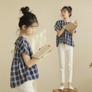 女童纯棉格子娃娃衫夏季新款日韩系大童短袖上衣薄款宽松衬衫亲子