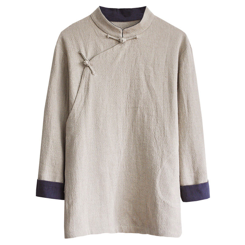 原创自制唐装男装斜襟亚麻宽松纯麻盘扣中国风男装中老年偏襟上衣