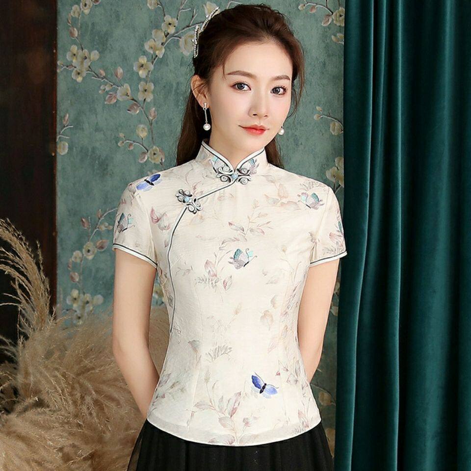 民族风彩蝶夏季新款复古梭织印花日常短款修身旗袍改良唐装上衣