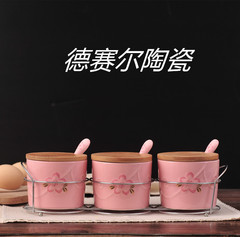 2016新品樱花陶瓷调味罐三件带盖储物罐调味瓶罐厨房用品