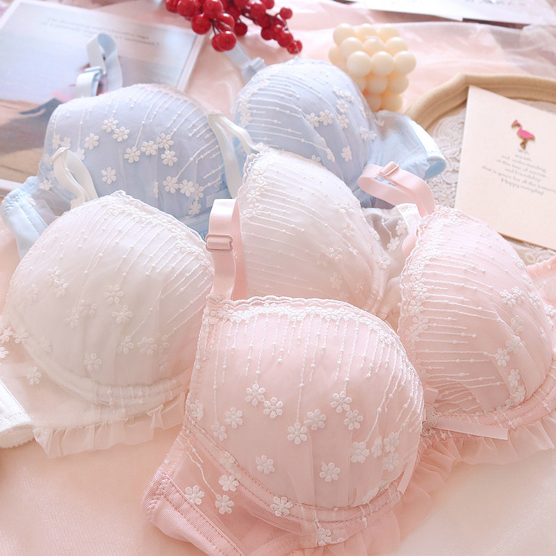 约素 日系清纯雪花刺绣甜美可爱有钢圈聚拢薄款少女内衣文胸套装