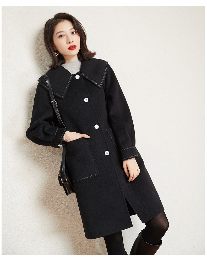 直筒毛呢外套女中长款_2021秋冬款时髦黑色双面羊绒大衣女中长款高端