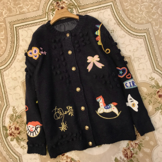 Autumn And Winter Stars With Heavy Industry Fun Cartoon Hand Crochet Embroidery Medium Long Sweater Coat Thickened Cardigan Women Autumn And Winter Stars With Heavy Industry Fun Cartoon Hand Crochet Embroidery Medium Long Sweater Coat Thickened Cardigan Women