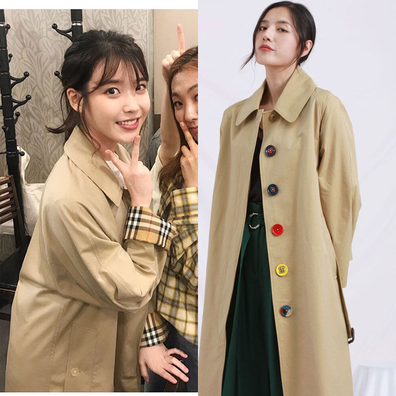 一折明星同款大衣女_2019早秋新款iu李知恩明星同款英伦格纹卡其色中