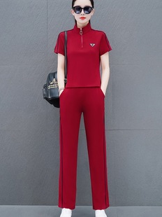 时尚休闲运动套装女夏季2024短袖冰丝薄款跑步红色宽松洋气妈妈装