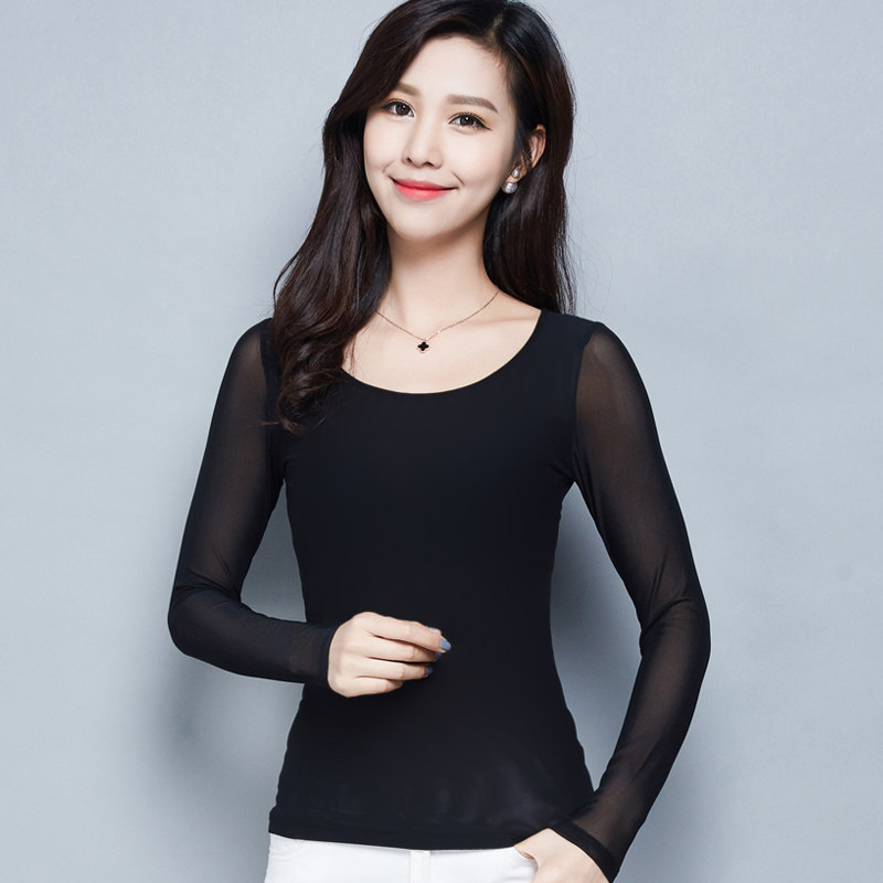 女装秋季透明网纱打底衫长袖黑色透视薄纱衣弹力t恤紧身内搭上衣