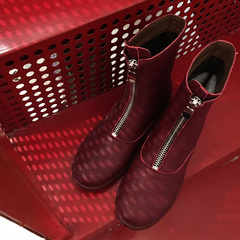 【Thebest xue】秋冬新款真皮中跟女靴红色前拉链中筒加绒马丁靴