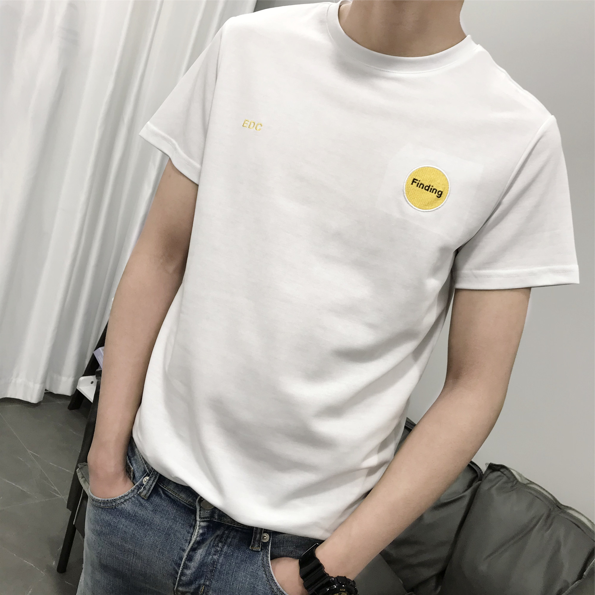 luud新品纯色车线m字母t恤男士修身圆领上衣夏季简约休闲体恤衫