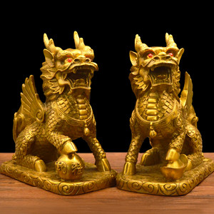 包邮纯铜财富麒麟摆件镇宅招财火麒麟铜铜麒麟