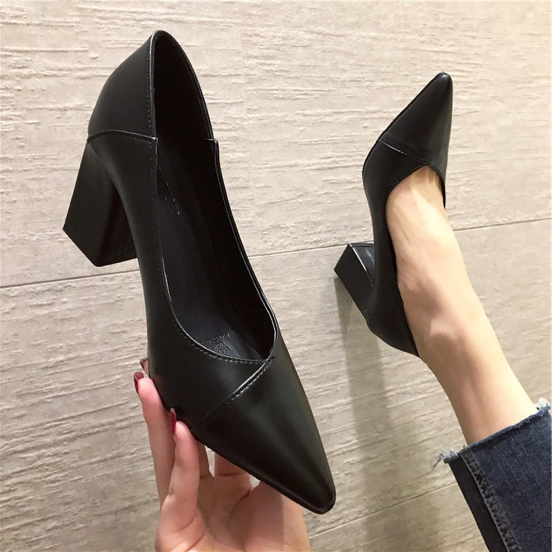 职业高跟鞋女黑色粗跟 5cm百搭_黑色高跟鞋女春秋粗跟5cm学生礼仪百搭