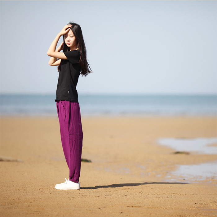 乐往原创女装文艺复古棉麻休闲裤女薄款夏季紫色宽松显瘦旅途长裤