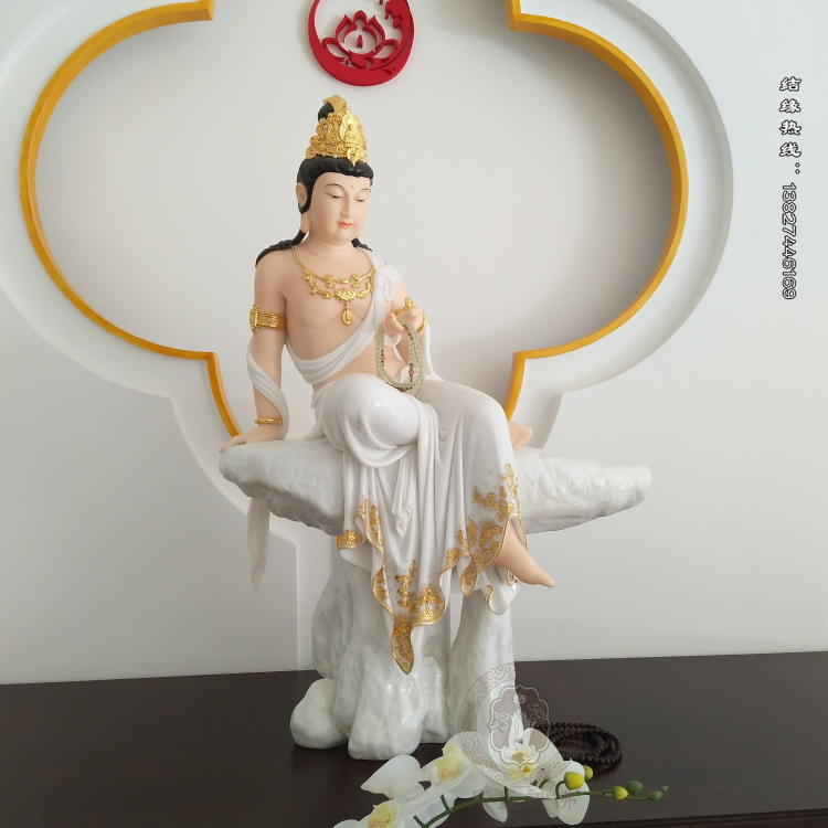 坐山自在观音像 26寸汉白玉禅悦自在观音 佛堂佛像摆件 观音菩萨