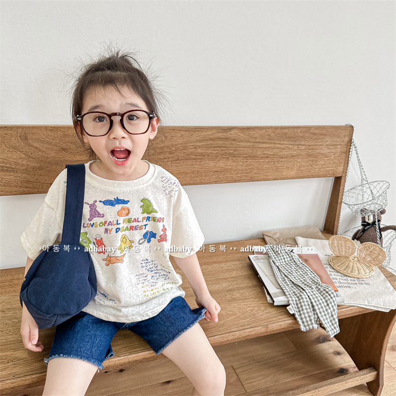 儿童棉质卡通印花短袖T恤夏装韩版男女童宽松个性打底衫宝宝上衣