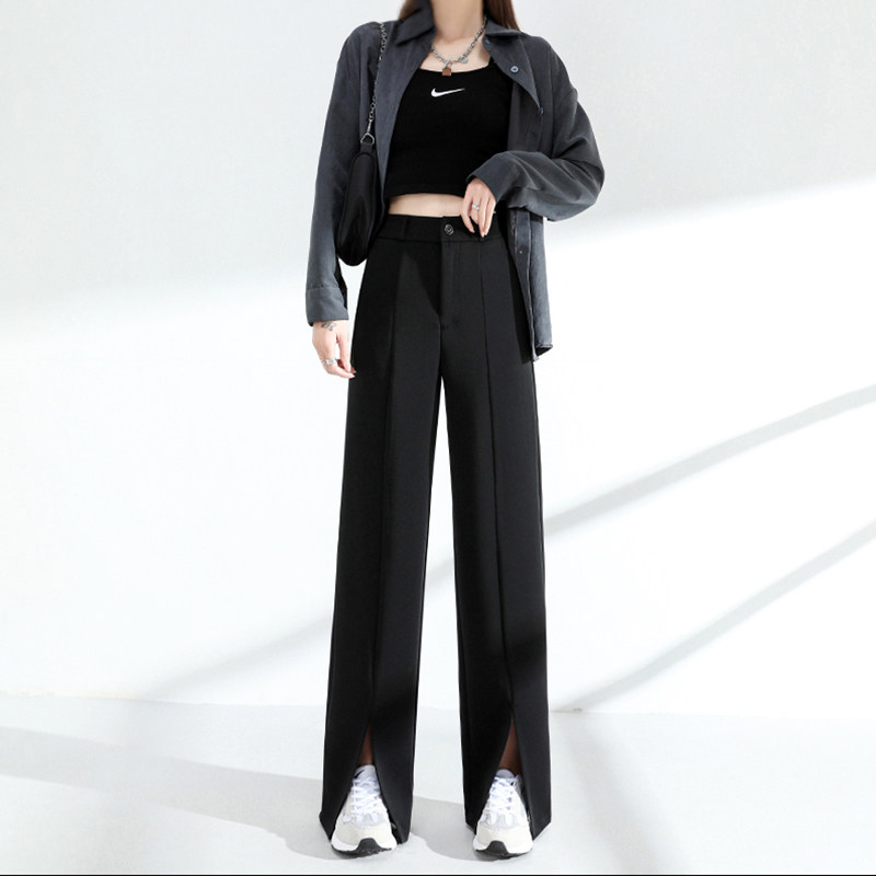 开叉阔腿裤女新款微喇裤子春秋季高腰宽松黑色分叉拖地直筒西装裤