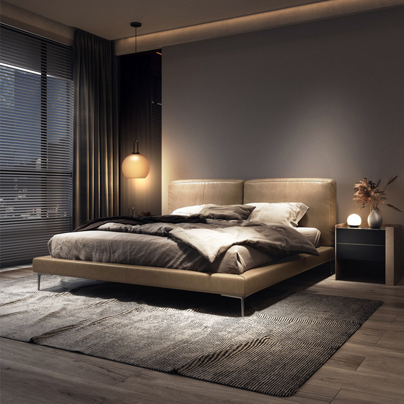 纳威2021年新款真皮床轻奢现代主卧设计师软床意式极简高脚床大气