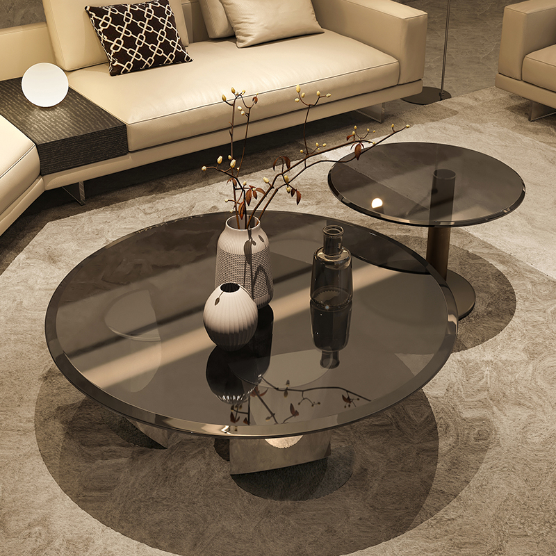 纳威意式轻奢茶几现代简约圆形钢化玻璃客厅家用2023新款网红矮桌