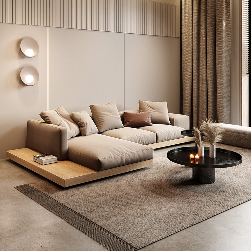 纳威别墅大平层布艺沙发日式侘寂风原木色北欧简约转角科技布沙发
