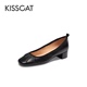 接吻猫2024春季新款设计感褶面粗跟复古单鞋浅口鞋女KA54116-11