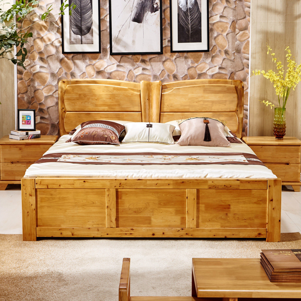 简约实木床香柏木大床1.51.8米双人床田园床高箱床五包到家031