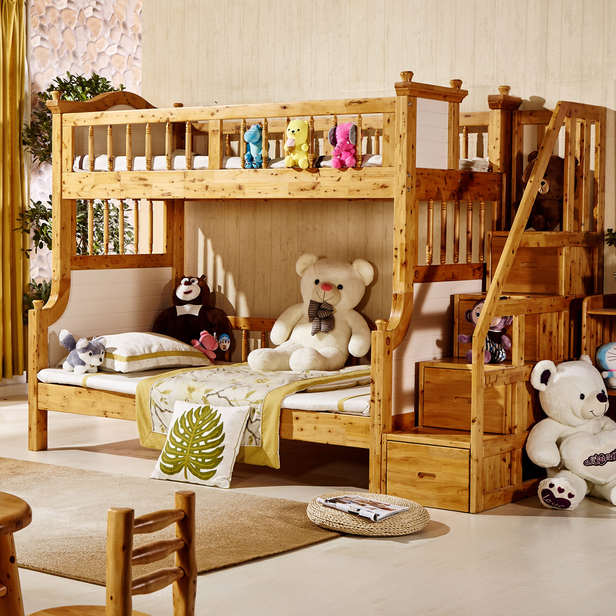 简约实木儿童床香柏木家具梯步子母床高低床上下双层床楼梯床022-mc母