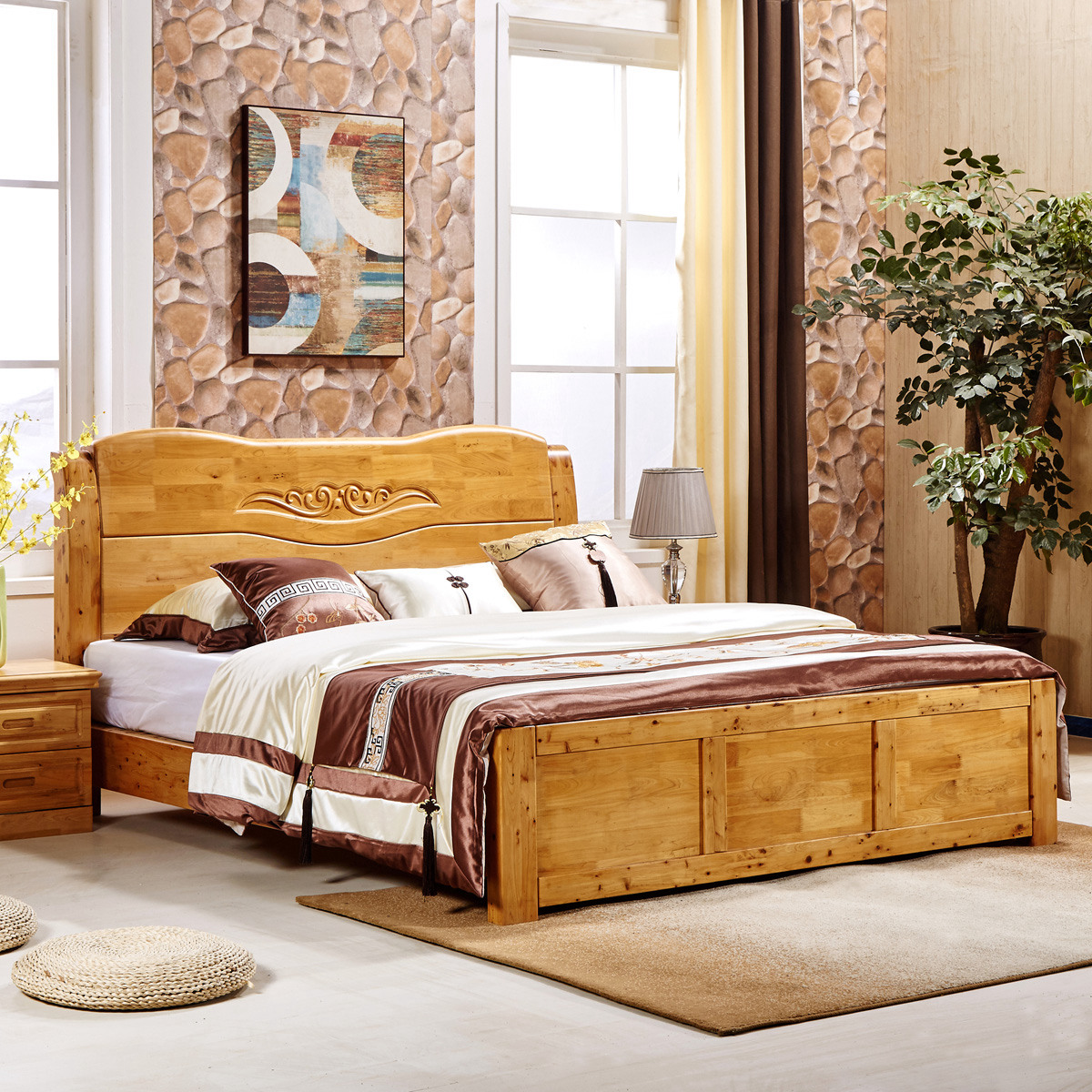 简约全实木床香柏木家具主卧双人床雕花1.8米储物液压高箱床017