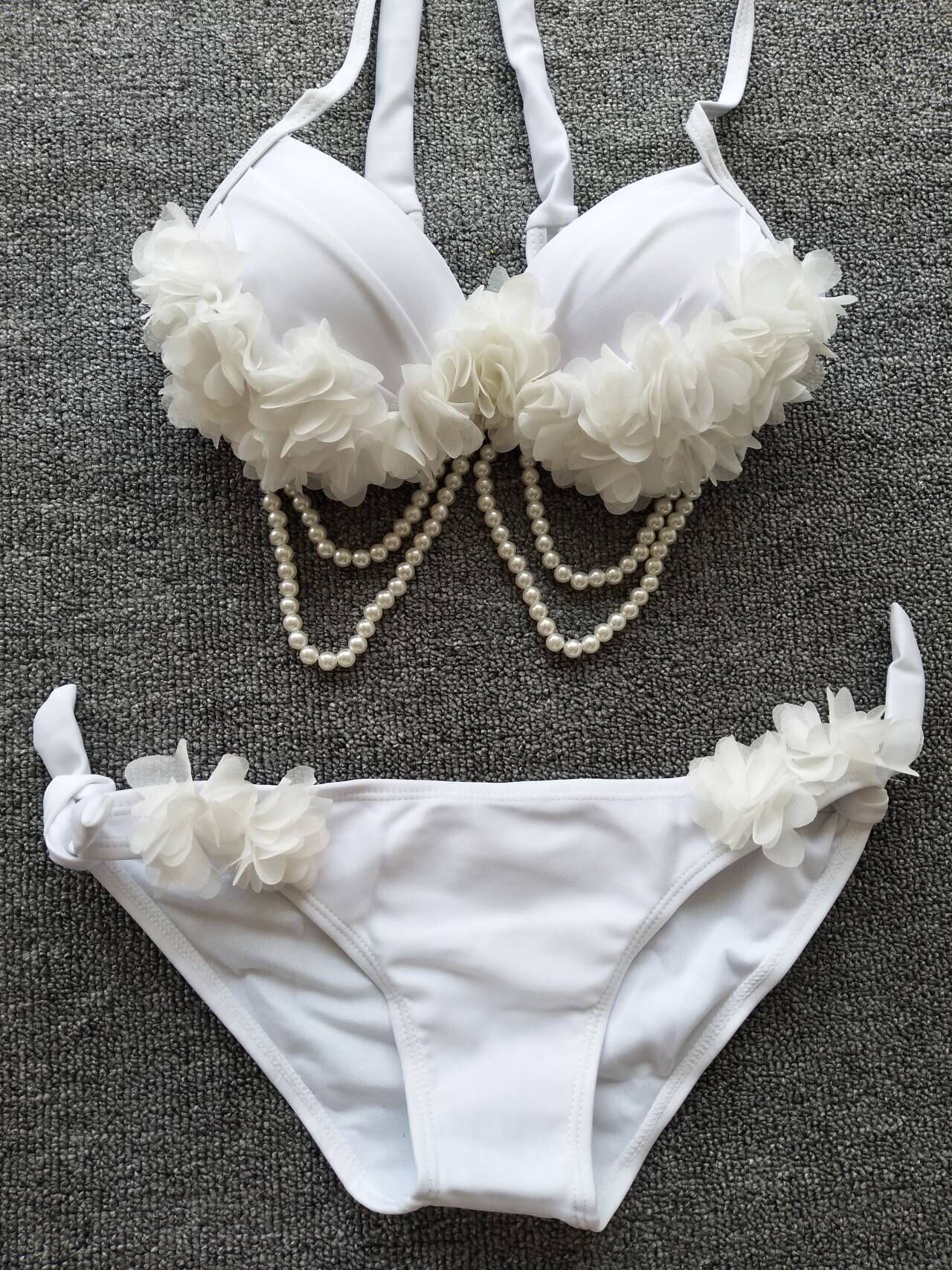 仙女性感比基尼两件套立体花朵小胸钢托聚拢bikini显瘦分体女泳衣