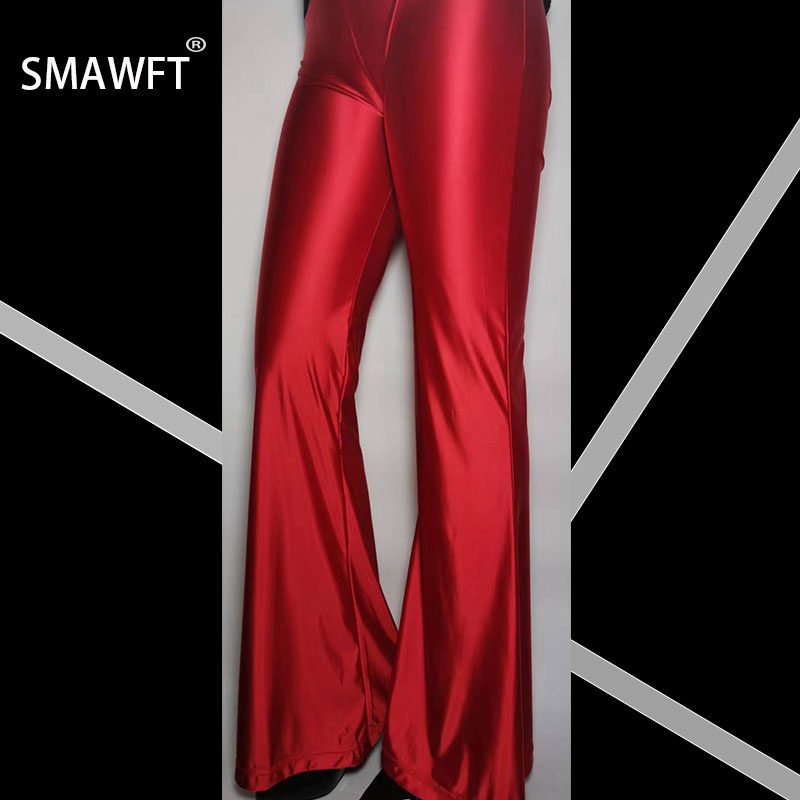 9smawft新品高腰薄款银色氨纶光面健美裤女进口面料光泽九分打底裤已